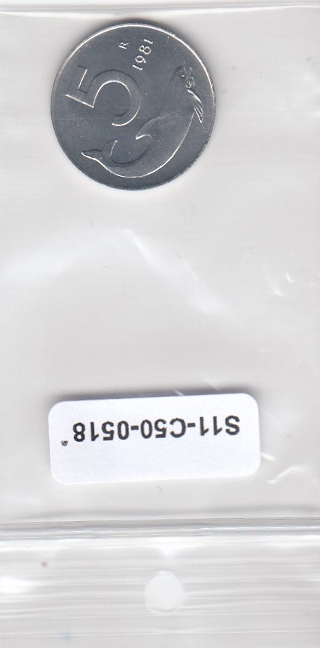 S11-C50-0518 Italy 5 lire  1981 MS65 KM92