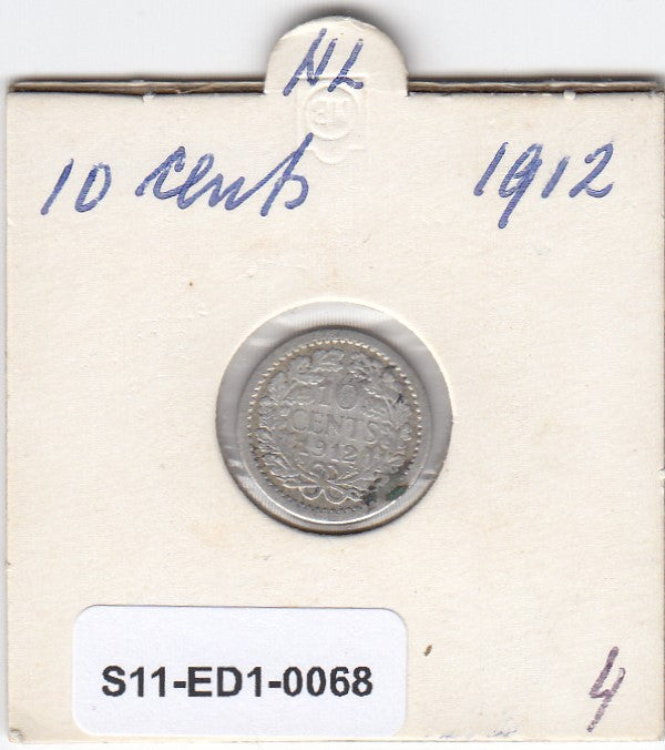S11-ED1-0068 Nederland 10 cent 1912 FI/VF km145 zilver low crown