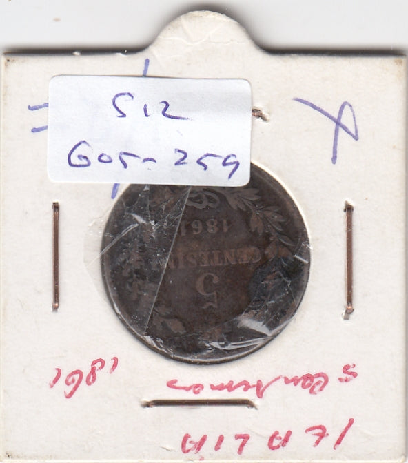 S12-G05-0259 Italy 5 centesimi 1861 N VF KM3