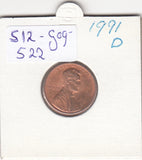 S12-G09-0522 Verenigde Staten 1 cent 1991 D KM# 201b UNC Lincoln Cent