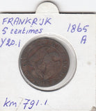 S12-G12-0415 Frankrijk 5 centimes 1865 A VF KM797
