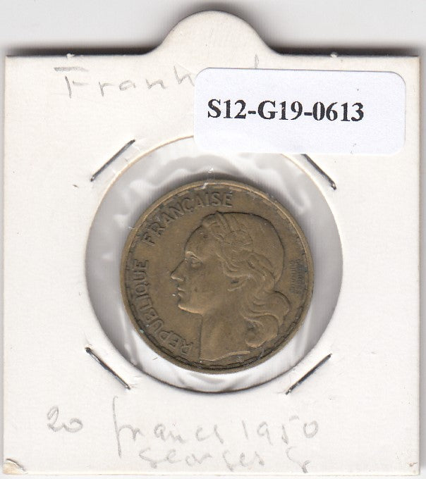 S12-G19-0613 Frankrijk 20 francs 1950 3 veren VF KM916 GEORGES GUIRAUD