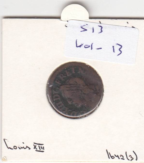 S13-K01-0013 Frankrijk Double Tournois fI 1642/1643? 1610-1715 Lodewijk XIV Latijnse Tekst