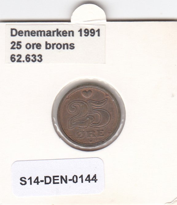 S14-DEN-0144 Denmark 25 Ore 1991  VF KM# 868
