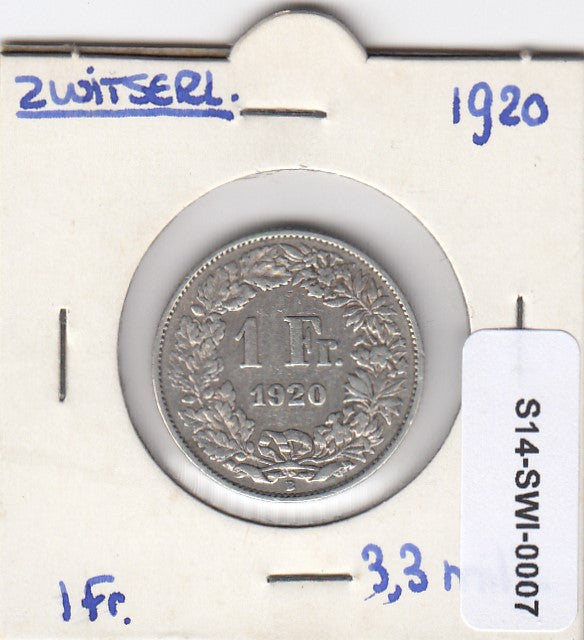 S14-SWI-0007 Zwitserland 1 frank 1920 Zeer Fraai KM# 24 zilver