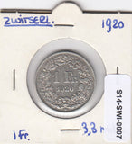 S14-SWI-0007 Zwitserland 1 frank 1920 Zeer Fraai KM# 24 zilver