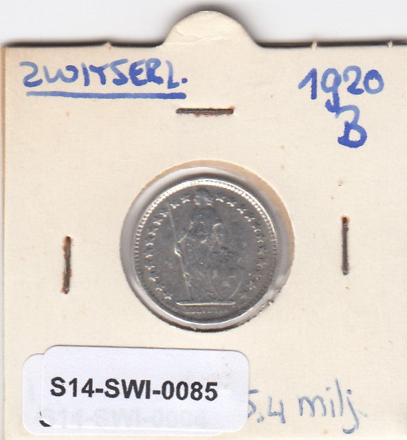 S14-SWI-0085 Switzerland 1/2 franc 1920  VF KM# 23 zilver
