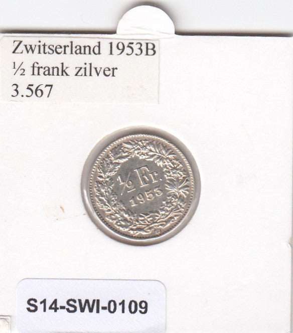 S14-SWI-0109 Switzerland 1/2 franc 1953  VF KM# 23 zilver