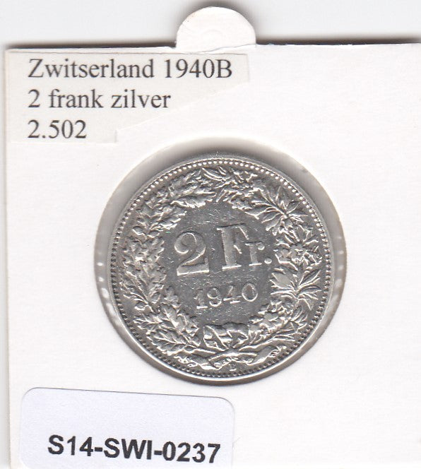 S14-SWI-0237 Zwitserland 2 frank 1940  ZF KM# 21