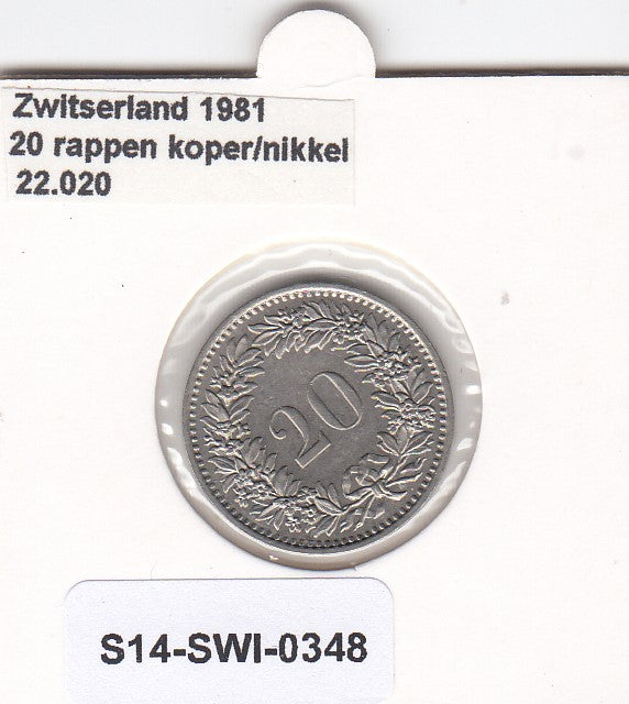 S14-SWI-0348 Switzerland 20 rappen 1981  XF/UNC KM# 29a