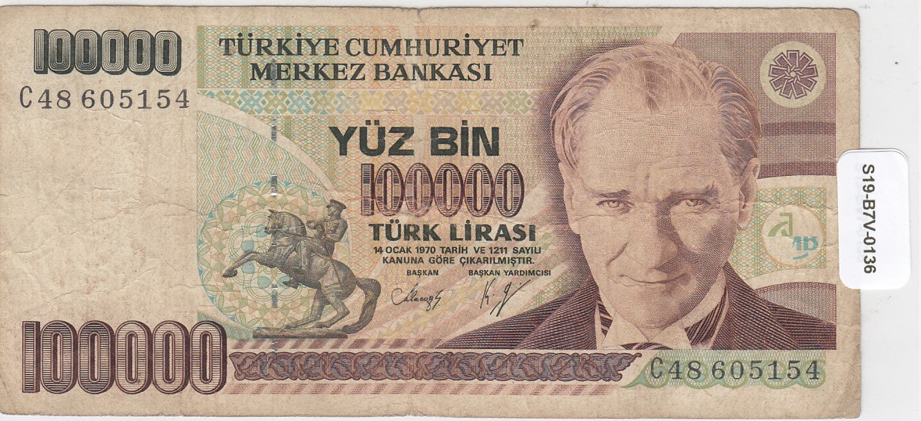 S19-B7V-0136 TURKEY 100000 LIRE 1970  P205a FI/VF WITH SECURITY