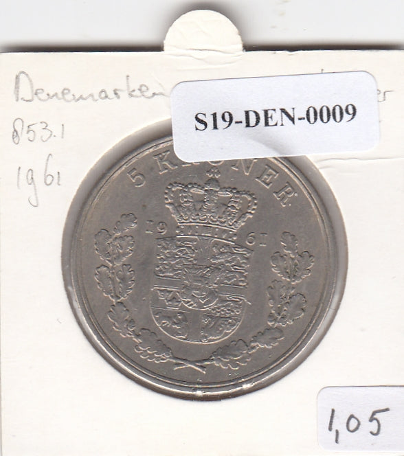 S19-DEN-0009 Denemarken 5 kroner 1961  KM# 853 VF