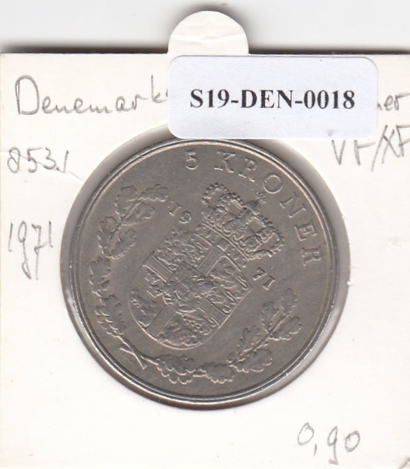 S19-DEN-0018 Denemarken 5 kroner 1971  KM# 853 VF/XF