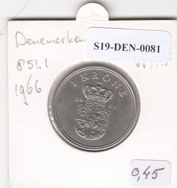 S19-DEN-0081 Denemarken 1 krone 1966  KM# 851 XF