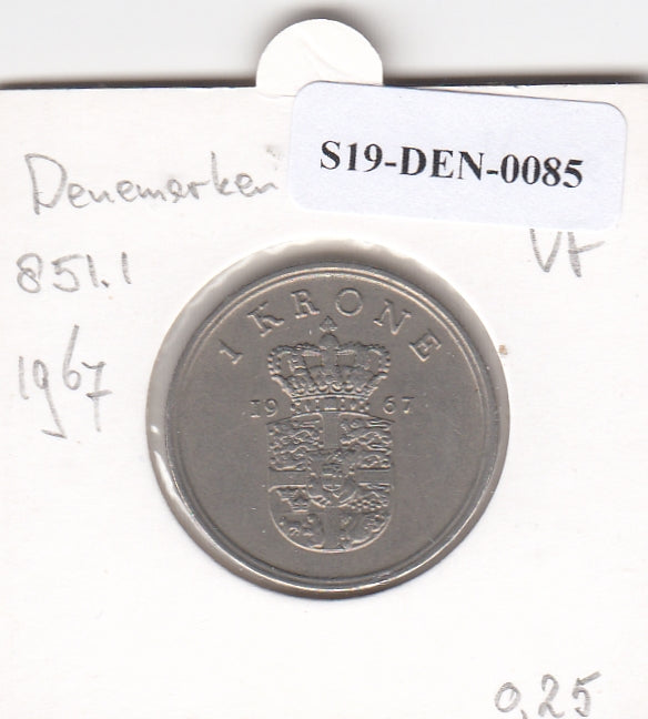 S19-DEN-0085 Denemarken 1 krone 1967  KM# 851 VF