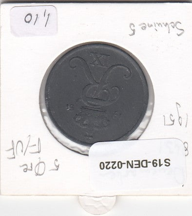 S19-DEN-0220 Denemarken 5 ore 1951  KM# 843 FI/VF SLANT 5!!