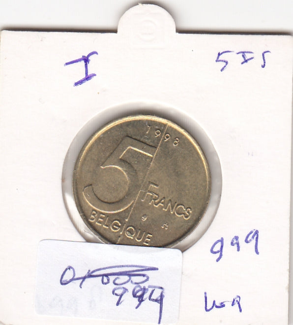 S19-MAS-00999 België 5 francs 1998  KM# 189 UNC Legende in Frans - ""BELGIQUE""