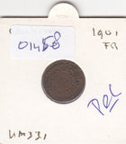 S19-MAS-01458 België 1 centime 1901  KM# 33 FI/VF opschrift in het Frans - 'DES BELGES'