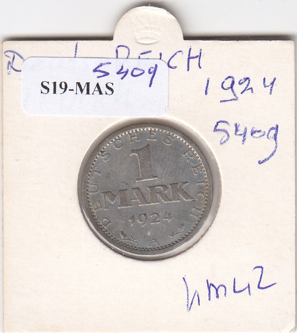 S19-MAS-05409 Duitsland 1 mark 1924 A KM# 42 Zeer fraai zilver