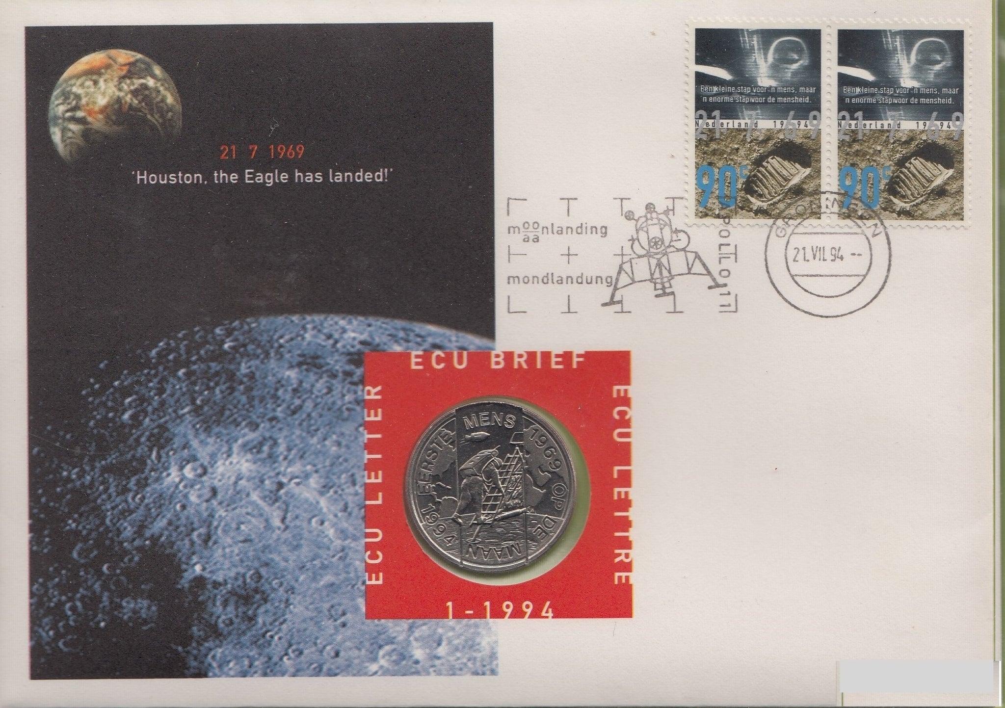 S19-NUM-0001-M02 Netherlands Ecu Numisletter 1994  KM-X 201  Moon Landing