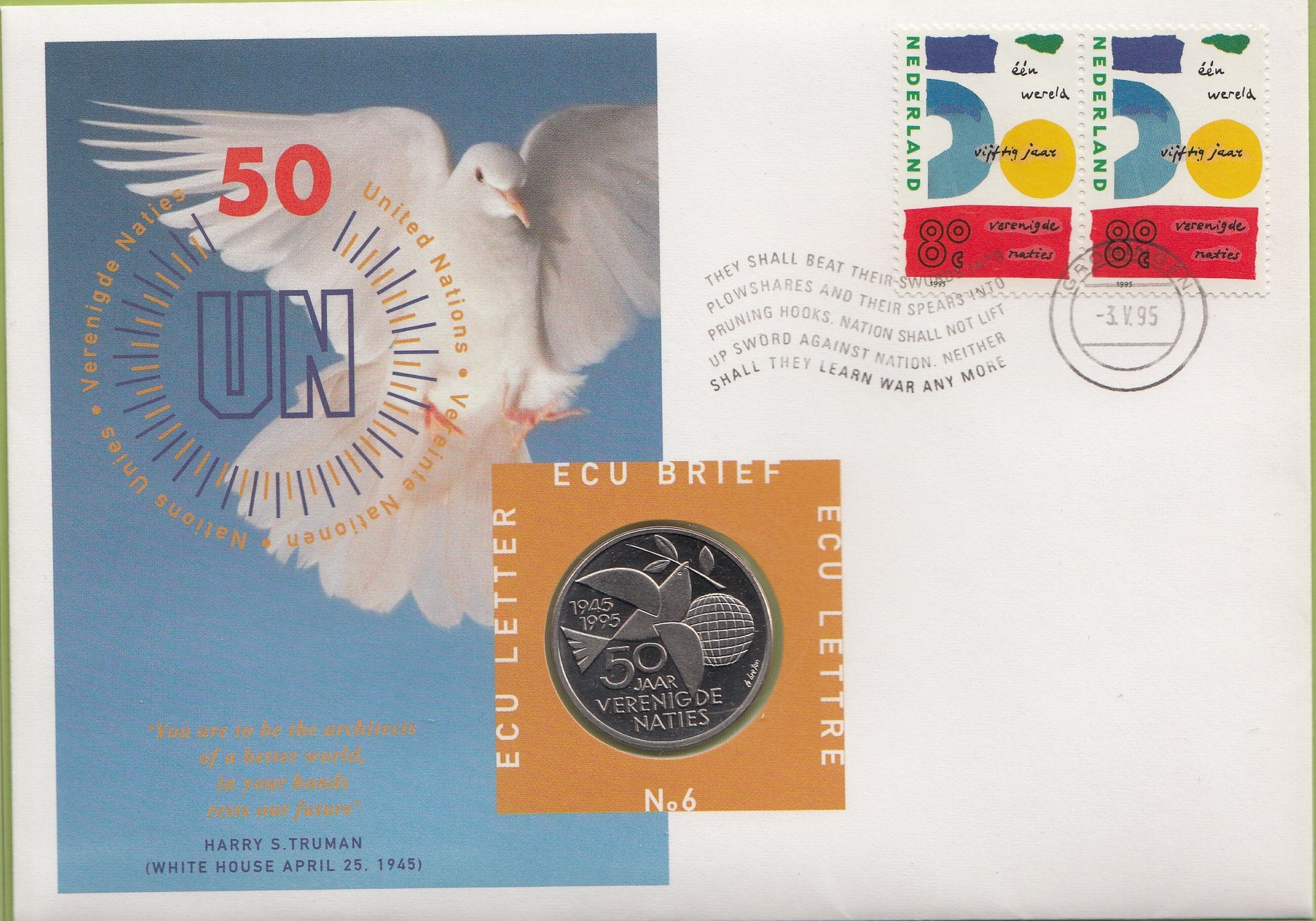 S19-NUM-0006-M03 Netherlands Ecu Numisletter 1995  KM-X 206  50th Anniv.United Nations