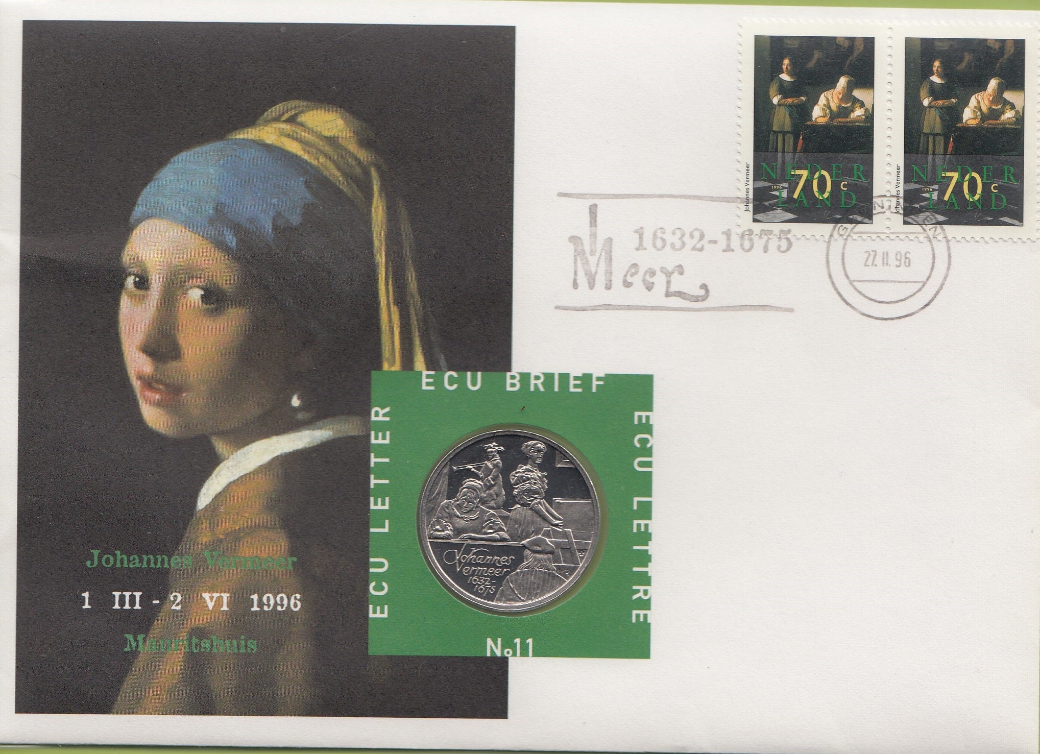 S19-NUM-0011-M02 Netherlands Ecu Numisletter 1996  KM-X 211  Johannes Vermeer, 1632-1675