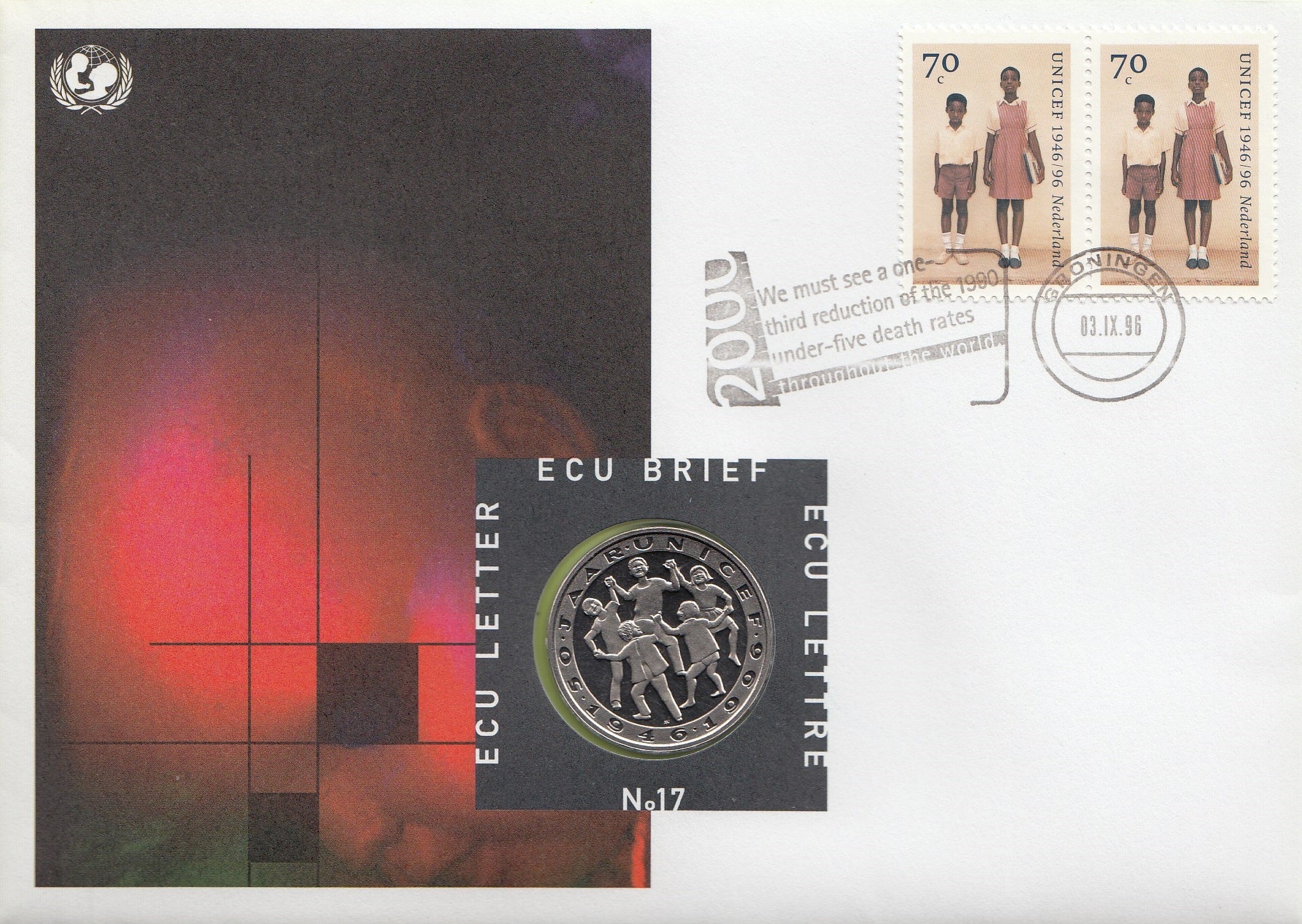 S19-NUM-0017-M01 Netherlands Ecu Numisletter 1996  KM-X 217  50 Jaar unicef