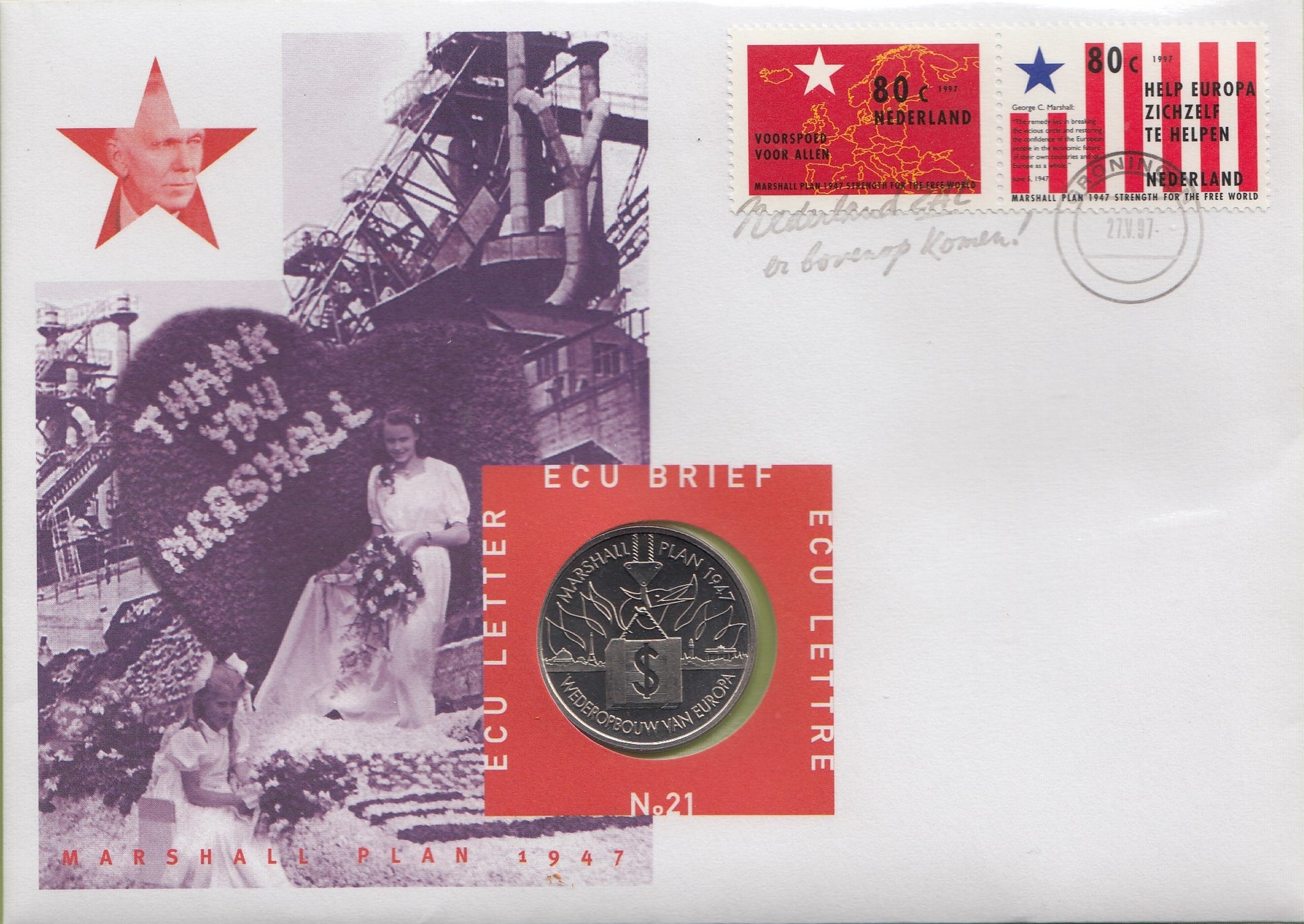 S19-NUM-0021-M05 Netherlands Ecu Numisletter 1997  KM-X 221  50th Anniv. Marshall Plan