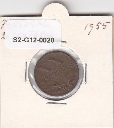 S2-G12-0020 Portugal 20 Centavos VF 1955 KM584