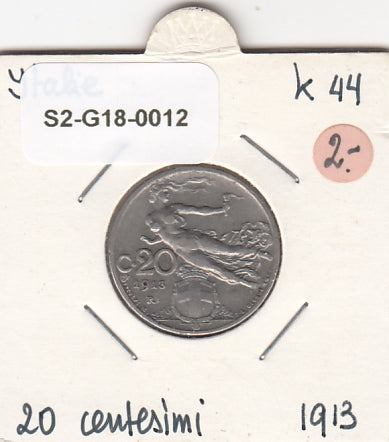 S2-G18-0012 Italy 20 Centesimi VF  1913 KM44