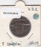 S2-G18-0016 Italy 5 Centesimi VF  1861 KM3.2 M