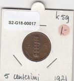S2-G18-0017 Italy 5 Centesimi VF  1921 KM59