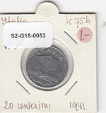S2-G18-0053 Italy 20 Centesimi VF 1941 KM75b XIX MAGN-Reeded