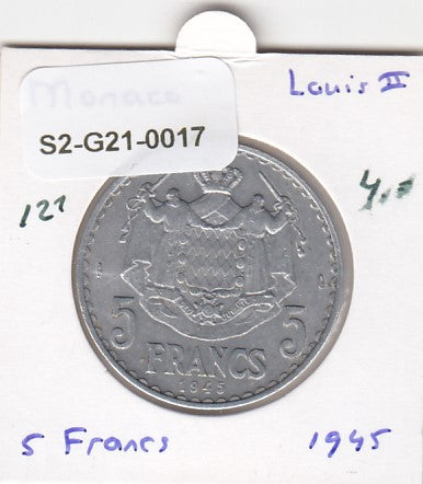 S2-G21-0017 Monaco 5 Frank VF/XF 1945 KM122