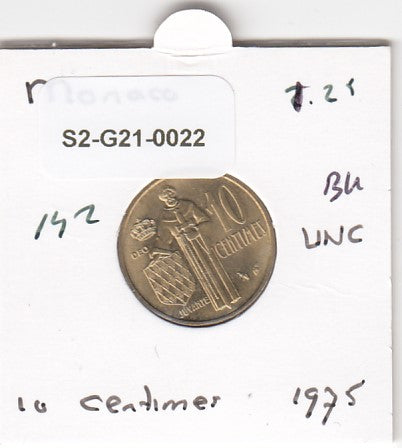 S2-G21-0022 Monaco 10 Centimes UNC 1975 KM142