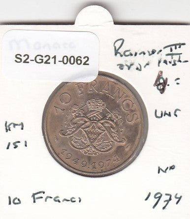 S2-G21-0062 Monaco 10 Franc UNC 1974 KM151