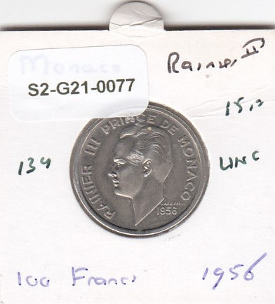 S2-G21-0077 Monaco 100 Francs UNC 1956 KM134