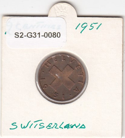 S2-G31-0080 Switzerland 2 Rappen VF 1951 KM47