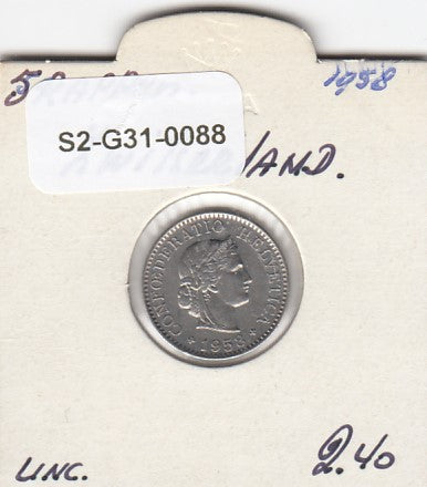 S2-G31-0088 Switzerland 5 Rappen VF+ 1958 KM26