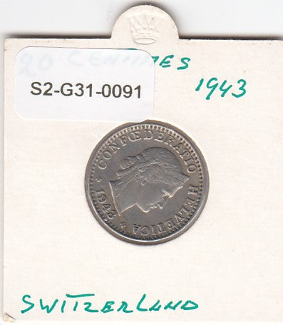 S2-G31-0091 Switzerland 20 Rappen VF 1943 KM29a