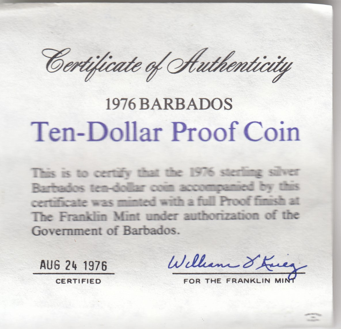 S2-G32-0023 Barbados 10 Dollars PROOF 1976 KM26a FM ZILVER