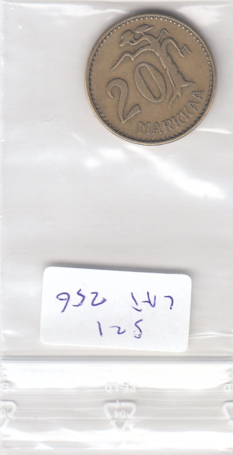 S21-LAT-0256 Finland 20 Markka VF 1954 KM39  2 dot M