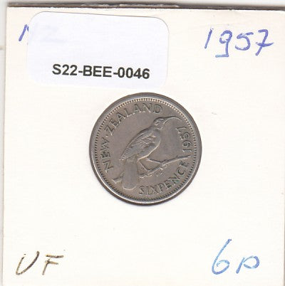 S22-BEE-0046 New Zealand 6 Pence VF 1957 KM26.1