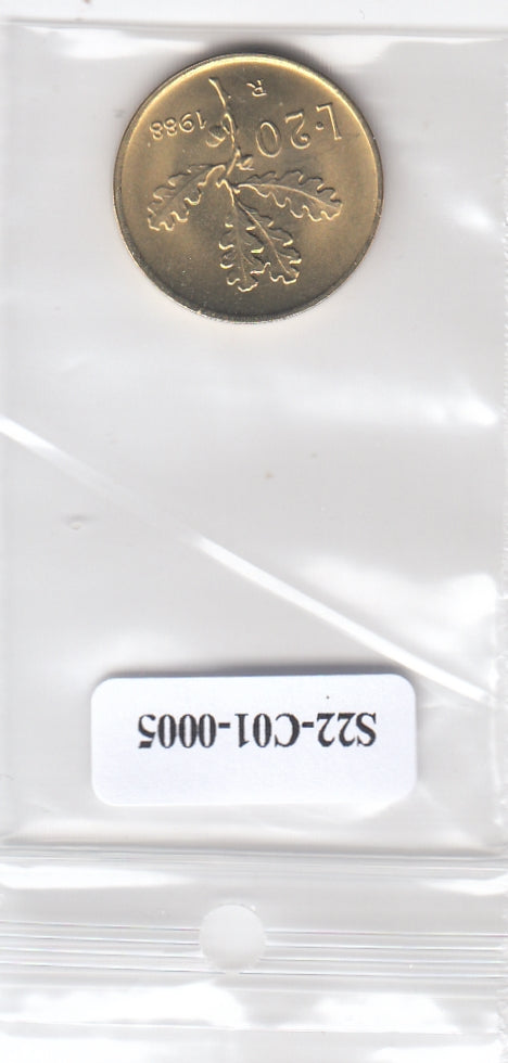 S22-C01-0005-M37 Italy 20 lire UNC 1988 KM97.2