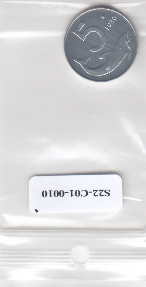 S22-C01-0010-M36 Italy 5 lire UNC 1986 KM92