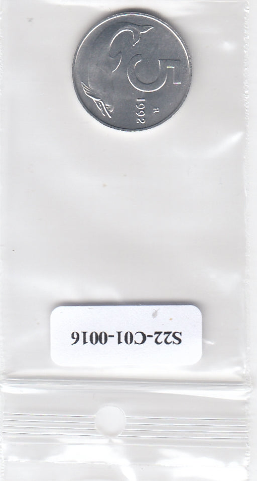 S22-C01-0016-M175 Italy 5 lire UNC 1992 KM92