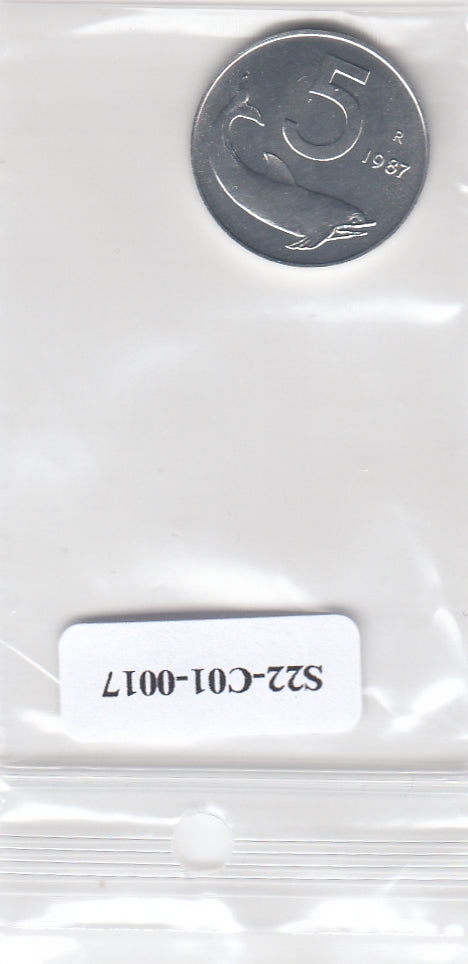 S22-C01-0017-M229 Italy 5 lire UNC 1987 KM92