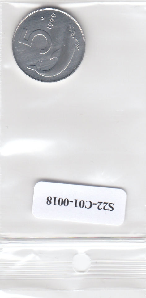 S22-C01-0018-M272 Italy 5 lire UNC 1990 KM92