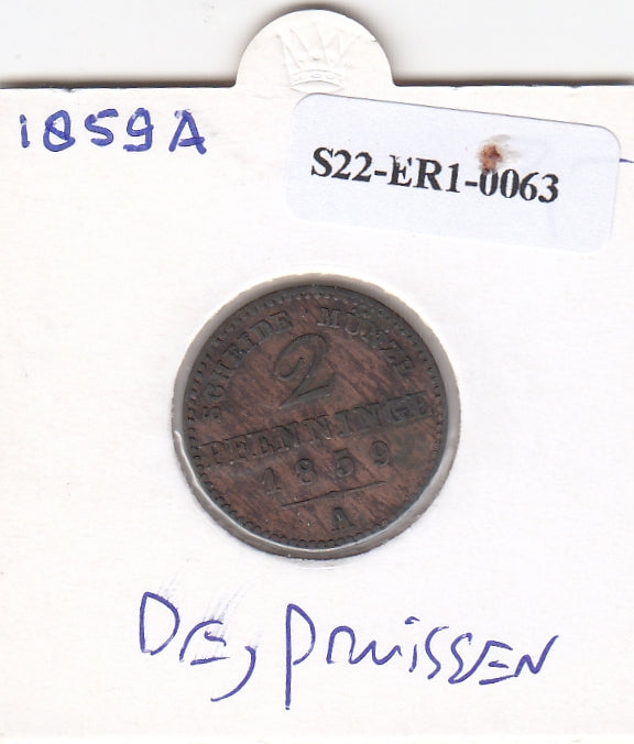 S22-ER1-0063 Duitsland 2 pfennige 1859 A VF KM452a Pruisen