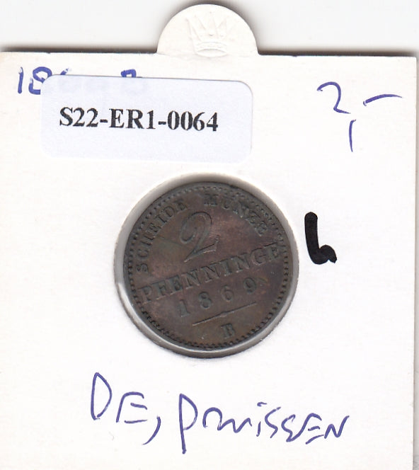 S22-ER1-0064 Duitsland 2 pfennige 1869 B VF KM452a Pruisen